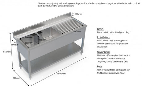 1.6M COMMERCIAL STAINLESS STEEL RHD DOUBLE BOWL SINK - 600MM DEEP