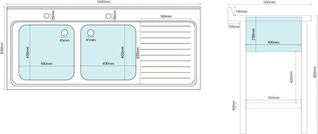 1.6M COMMERCIAL STAINLESS STEEL RHD DOUBLE BOWL SINK - 600MM DEEP